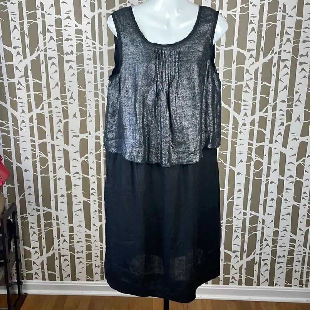 Zyga Lin'n Laundry 100% Linen Dress in Blizzard Silver Metallic & Black sz 44